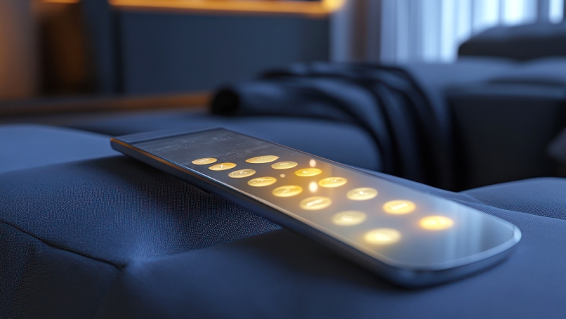 A futuristic remote control made of a single piece of transparent, touch-sensitive glass