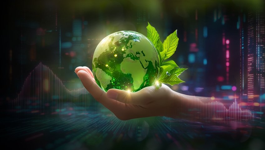 Hand holding green globe depicting sustainability